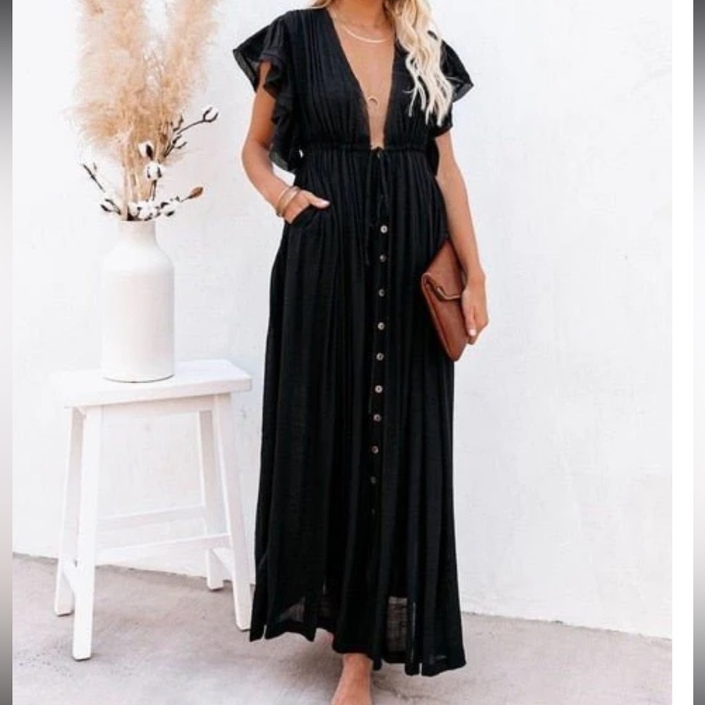 Nwot Peach Love Ca Sheer Gauzy Flutter Sleeve Boho style Black Maxi Dress Duster